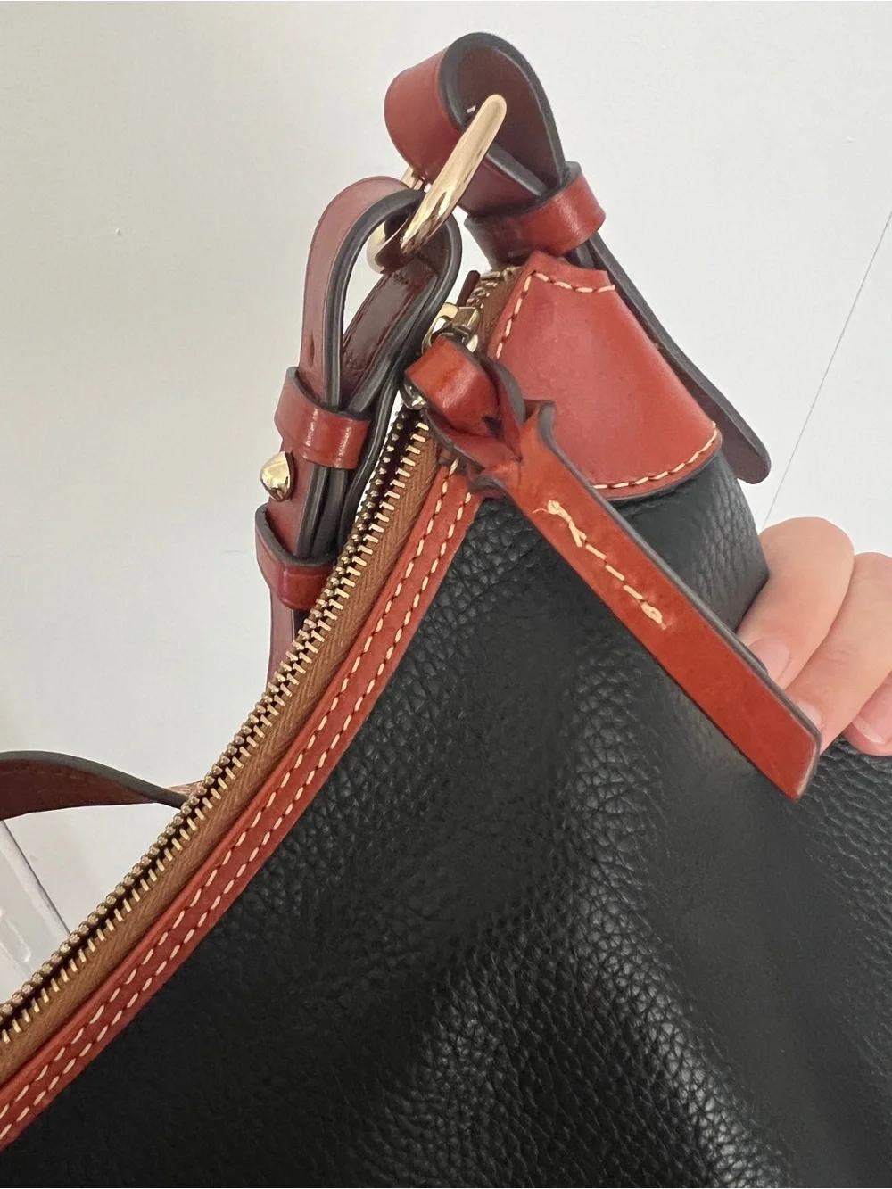 Dooney & Bourke Black Leather Shoulder Bag with Brown Trim
